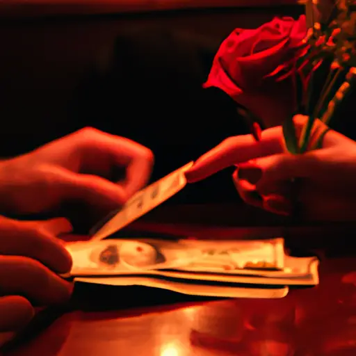 An image capturing a dimly lit restaurant table, adorned with an extravagant bouquet of red roses, where a couple's hands exchange a crisp dollar bill, subtly revealing the complex dynamics of dating for financial gain