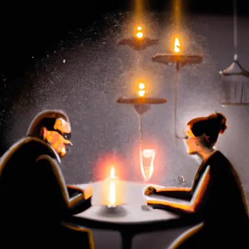 An image featuring a couple in their 40s sitting at a candlelit table in a cozy restaurant, engrossed in deep conversation, radiating warmth and connection, with soft jazz music in the background