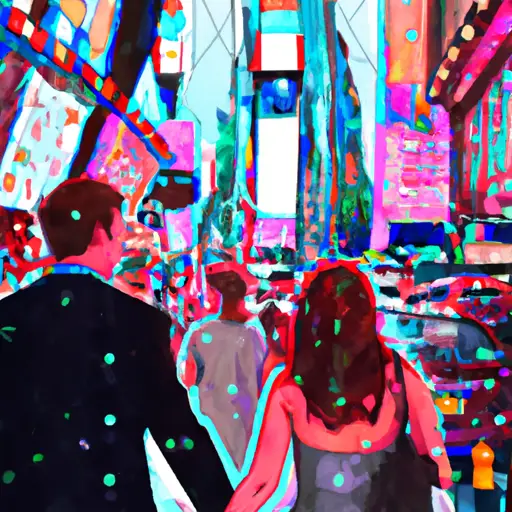 An image capturing the vibrant pulse of NYC's dating scene: a couple strolling hand in hand through Times Square, surrounded by towering billboards, dazzling lights, and a kaleidoscope of diverse individuals engrossed in their own romantic adventures