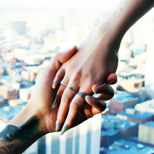 An image capturing two hands intertwined, one adorned with a silver engagement ring, the other with a delicate tattoo