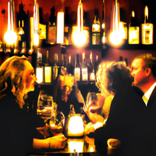 An image showcasing a dimly lit wine bar, filled with diverse individuals in their 40s engaging in lively conversations, their expressive eyes and laughter capturing the essence of the dating pool in your 40s