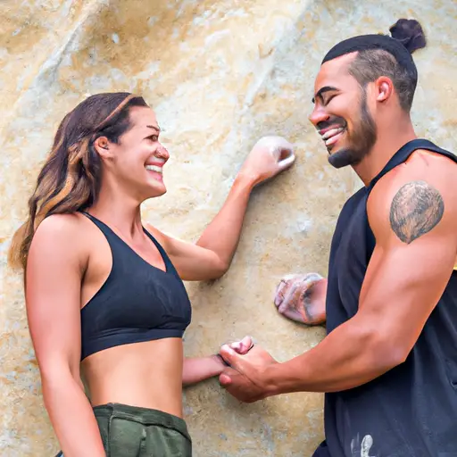 An image of a fit couple, clad in workout gear, bonding over a challenging rock climbing session