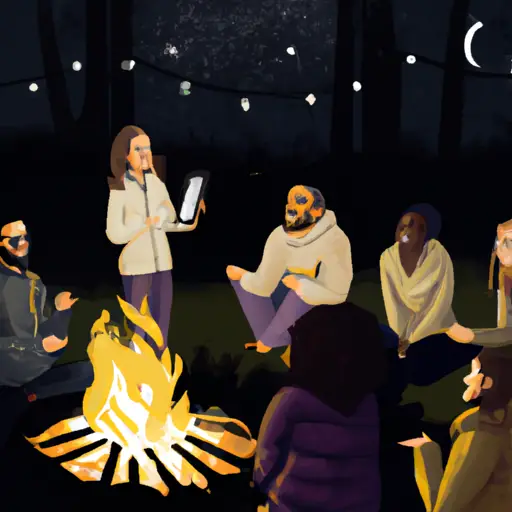 An image showcasing a diverse group of teachers, gathered around a digital campfire on a tranquil night
