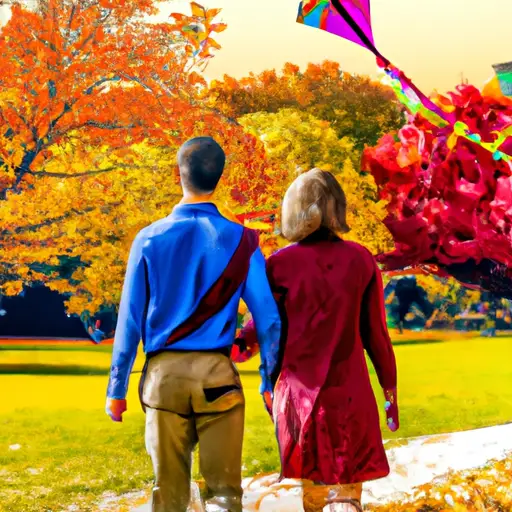 An image capturing two young lovers strolling hand in hand, surrounded by vibrant autumn foliage