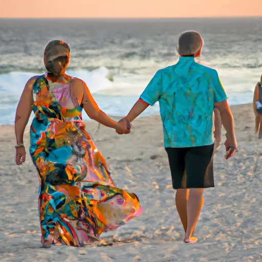 An image showcasing a couple strolling hand in hand along a sun-kissed beach