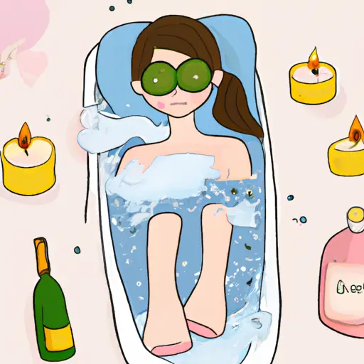 An image depicting a person engaging in self-care before a first date: a relaxing bubble bath surrounded by candles, soft music playing, a face mask, and a well-prepared outfit ready to wear