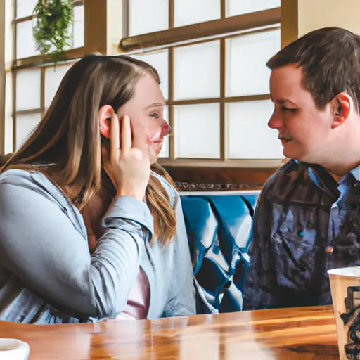 An image of a couple sitting at a cozy café table, facing each other with relaxed postures and genuine smiles