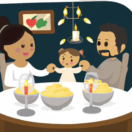 An image of a couple sitting at a candlelit dinner table, holding hands affectionately, while their toddler giggles in a highchair at the background, playfully throwing mashed potatoes