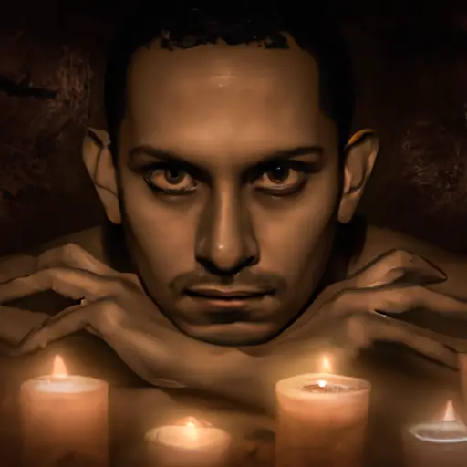 An image capturing the enigmatic essence of a Scorpio man, with a backdrop of dimly lit candles casting eerie shadows
