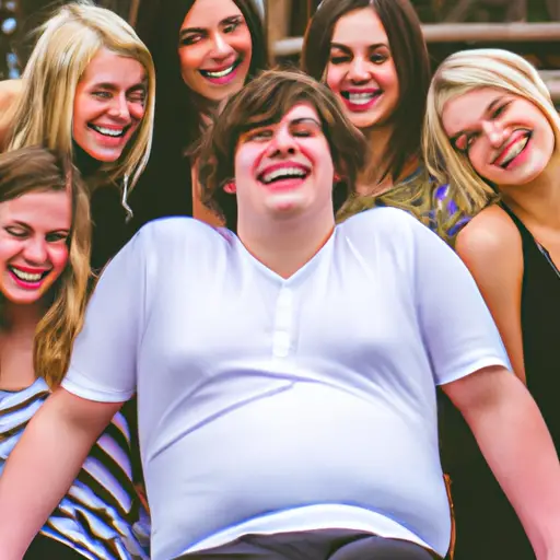 An image capturing the essence of a happy, confident chubby guy surrounded by a diverse group of beautiful, smiling girls, showcasing their genuine attraction and acceptance towards him