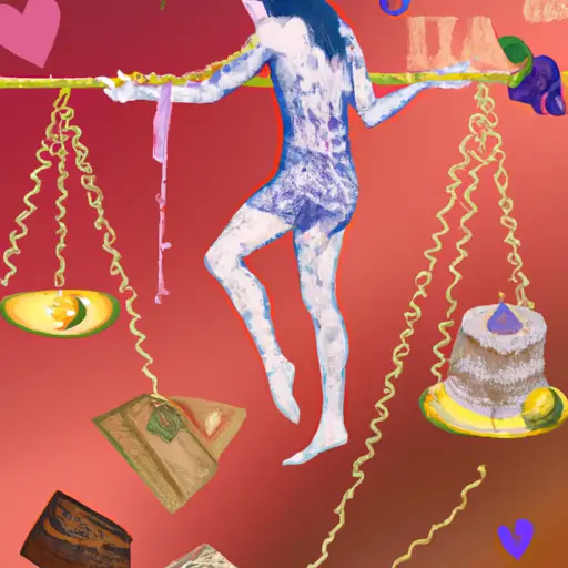 An image featuring a disoriented Libra balancing on a tightrope, surrounded by a charming array of flirtatious temptations