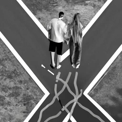 An image of a couple standing at a crossroads, one path revealing a harmonious journey with gradual intimacy, while the other path shows a chaotic road characterized by rushed physical intimacy