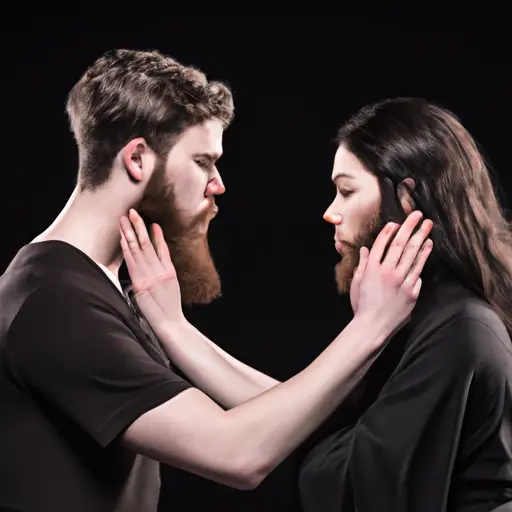 An image of two individuals standing face-to-face, their eyes locked with vulnerability, as their intertwined hands convey a delicate balance between desire and uncertainty