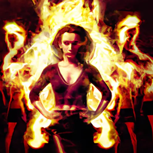 An image of a confident Aries woman standing tall, surrounded by flickering flames of fierce determination, as others attempt to ignore her