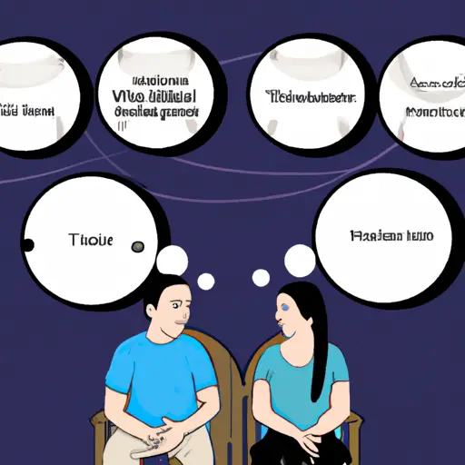 An image of a couple sitting across from each other, surrounded by a series of thought bubbles containing symbols of trust, communication, intimacy, and commitment, highlighting the importance of discussing relationship expectations before marriage