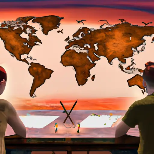 An image depicting two people sitting at a table covered with maps, globes, and a timeline, engaged in deep conversation