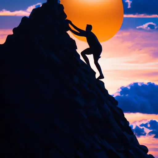 An image depicting a person climbing a mountain, confidently overcoming obstacles with a determined expression