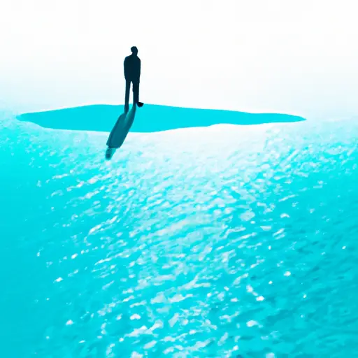 An image of a person standing on an isolated island amidst a vast ocean, with a faint silhouette of a supportive community on the shore