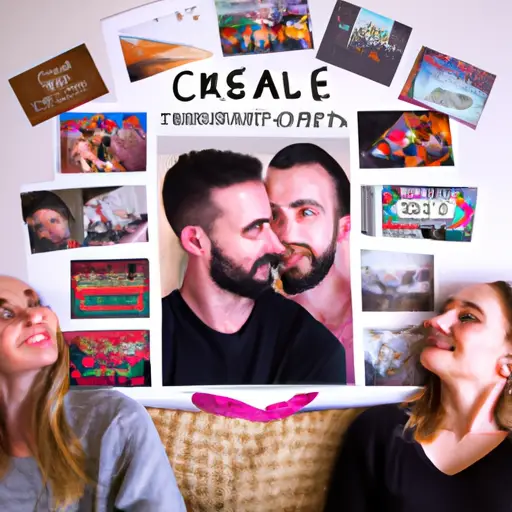 An image showcasing a couple sitting together, heads close, while holding a vision board filled with pictures of shared dreams, symbolizing the importance of setting clear relationship goals on Tinder