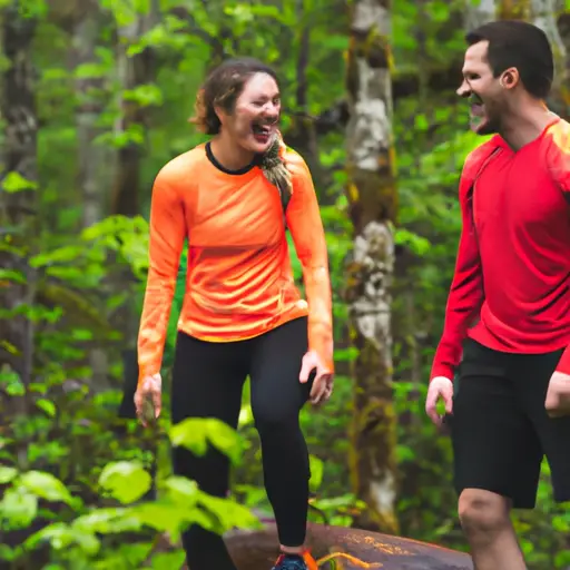An image showcasing a playful couple hiking through a lush forest, sporting matching workout attire, as they conquer a challenging trail together