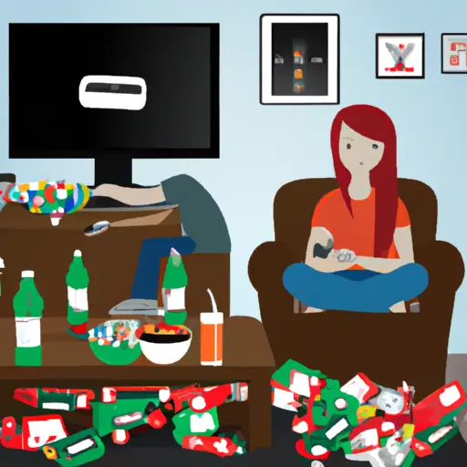 An image showcasing a disheartened girlfriend sitting alone on a couch, surrounded by messy stacks of empty chip bags, soda cans, and video game controllers, while her gamer boyfriend remains fixated on the screen