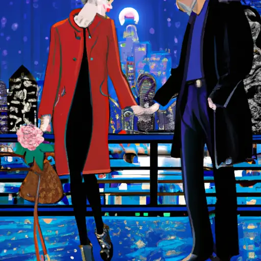 An image capturing the essence of a blossoming romance between a vibrant, fashion-forward woman in her 20s and a distinguished, silver-haired gentleman in his 40s, as they walk hand-in-hand under a starlit cityscape