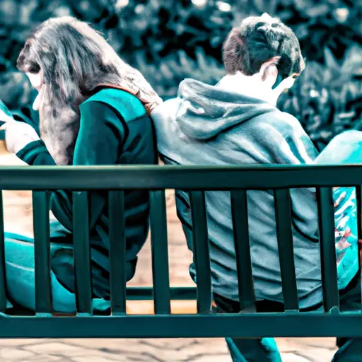 An image depicting two individuals sitting back-to-back on a park bench, absorbed in their smartphones