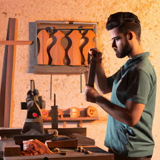 An image featuring a young man in his 20s immersed in a woodworking workshop, surrounded by sawdust, various tools, and a beautifully carved wooden sculpture taking shape under his skillful hands