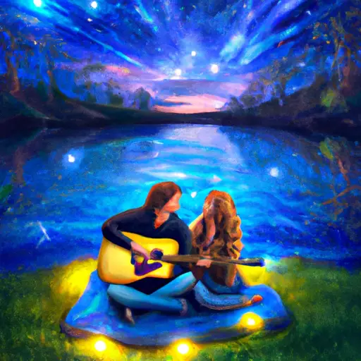 An image showcasing a couple, under a starlit sky, seated on a cozy picnic blanket by a tranquil lake