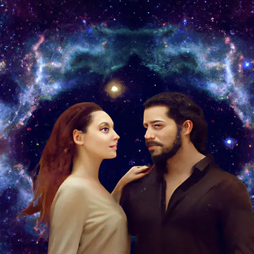An image showcasing a confident Leo woman exuding warmth and radiance, captivating a serious and composed Capricorn man with her vibrant energy, as they share a magnetic connection under a starry night sky