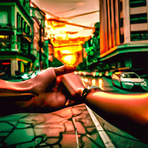 An image depicting a vibrant cityscape at sunset, with a couple holding hands in the foreground