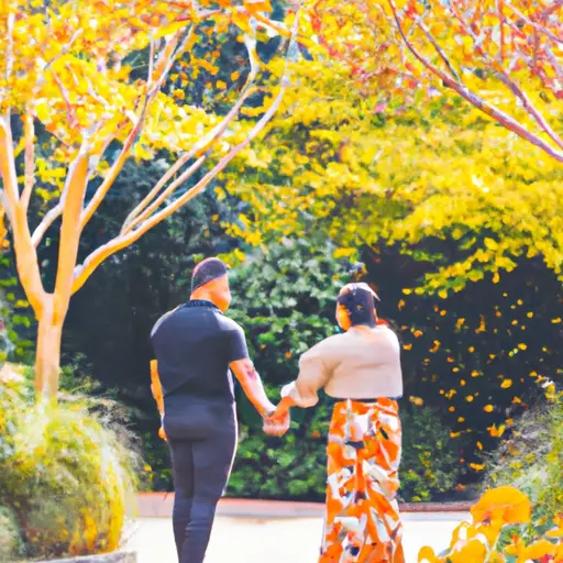 An image capturing a couple strolling through a vibrant botanical garden, sunlight gently filtering through the trees