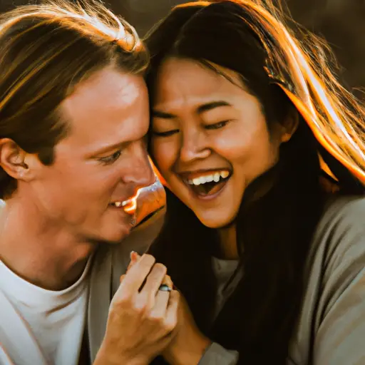 An image capturing two people sharing a genuine, laughter-filled moment, their eyes locked in a deep, affectionate gaze