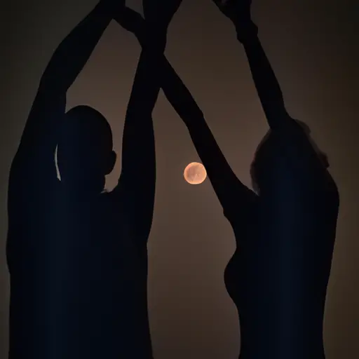 an image of two silhouettes standing beneath a moonlit sky, their intertwined shadows painted by the soft glow