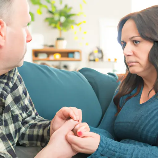 An image featuring a couple sitting on a cozy couch, the woman gently grasping the man's hand while looking earnestly into his eyes, conveying a sense of trust and vulnerability as they discuss finances