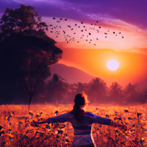 An image capturing a serene sunrise over a tranquil meadow, with vibrant hues of orange and pink illuminating the sky