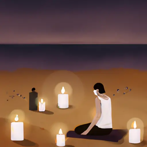 An image showcasing a serene beach scene during sunset, with a person sitting cross-legged on the sand, eyes closed, surrounded by flickering candles, while practicing deep breathing and self-care
