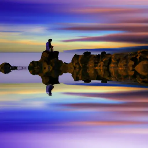 An image of a serene beach at sunset, where a person sits alone on a rock, gazing at their reflection in the calm water, symbolizing the practice of self-reflection and self-awareness