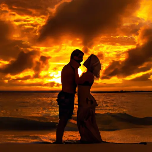 An image capturing a fiery sunset on a secluded beach, where an Aries man passionately embraces his partner, their intense connection evident through their fierce gazes and intertwined hands