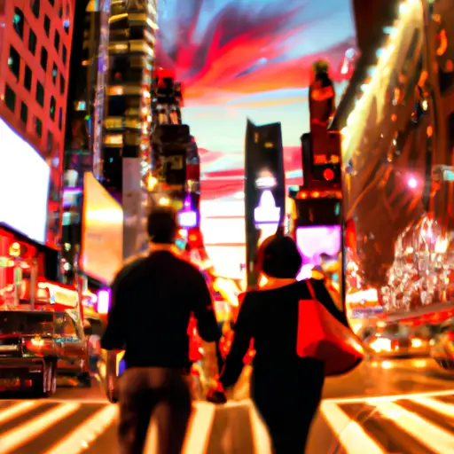 An image of two people walking hand in hand beneath the glowing lights of Times Square at dusk, capturing the vibrant energy of New York City's bustling streets and the romance that awaits in the city that never sleeps
