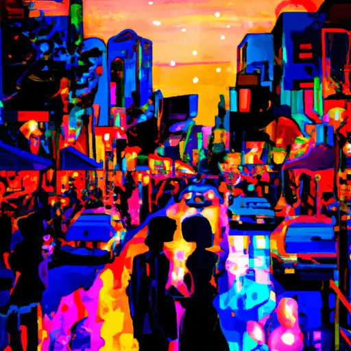 An image capturing a bustling city street at dusk, adorned with vibrant neon signs and young couples strolling hand in hand