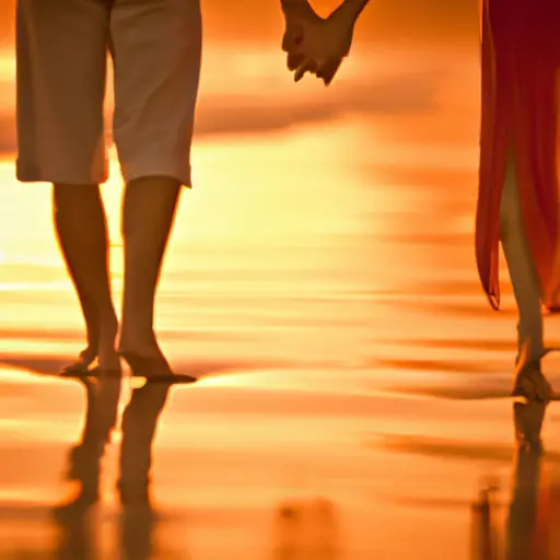 An image that captures the essence of falling in love slowly and intentionally by illustrating two individuals, hands clasped, walking barefoot along a tranquil beach with a setting sun in the background