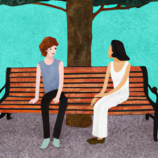 An image showcasing two people sitting on a park bench, engrossed in deep conversation