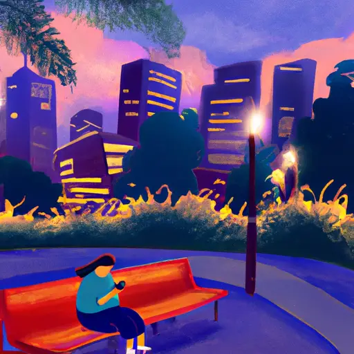 An image showcasing a vibrant cityscape at dusk, with a single person sitting on a park bench, smiling while glancing at their phone