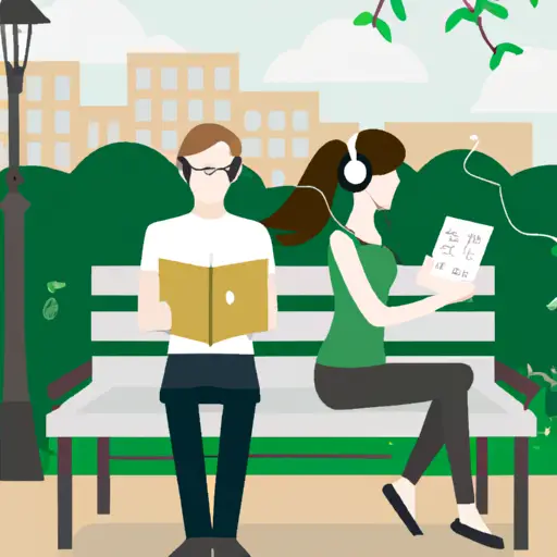 An image showcasing a couple sitting on a park bench, comfortably engrossed in separate activities like reading and listening to music, emphasizing the significance of personal space and independent interests in fostering a healthy relationship