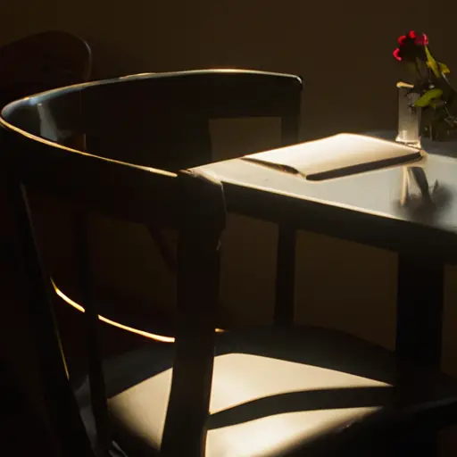An image of a dimly lit café table, with a solitary rose resting on a chair, untouched
