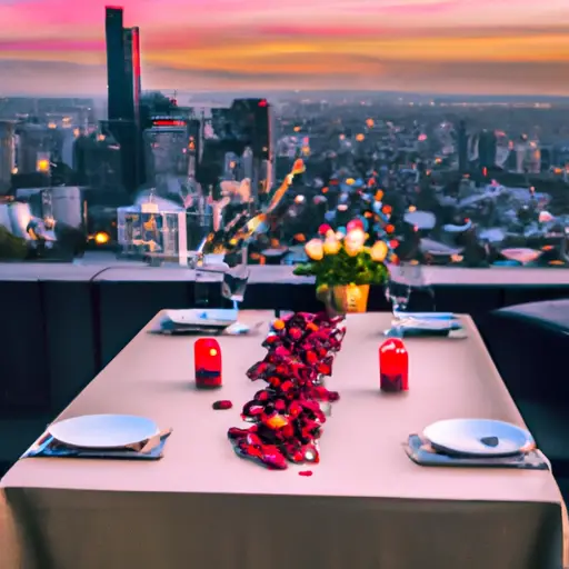 An image of a candlelit rooftop dinner with fairy lights strung above, casting a warm glow