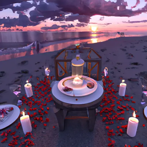 An image of a breathtaking sunset beach scene, with a couple walking hand in hand towards a beautifully decorated dinner table