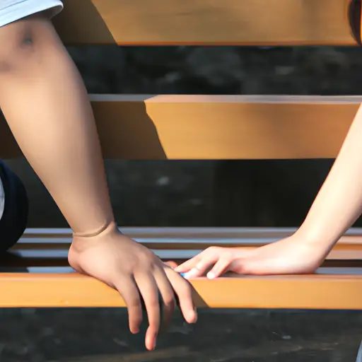 An image of a couple sitting on a park bench, facing each other, holding hands
