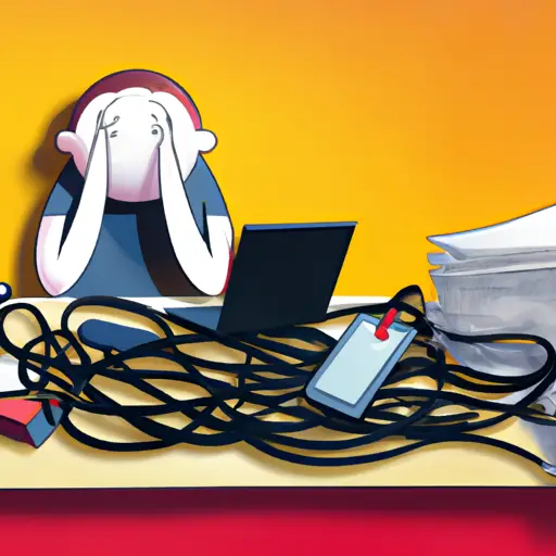 An image depicting a person sitting at a cluttered desk, surrounded by overflowing paperwork, tangled wires, and a blinking phone, symbolizing work stress
